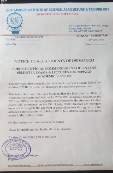 Online Teaching: Notice to all Students and Staff of OSISATECH